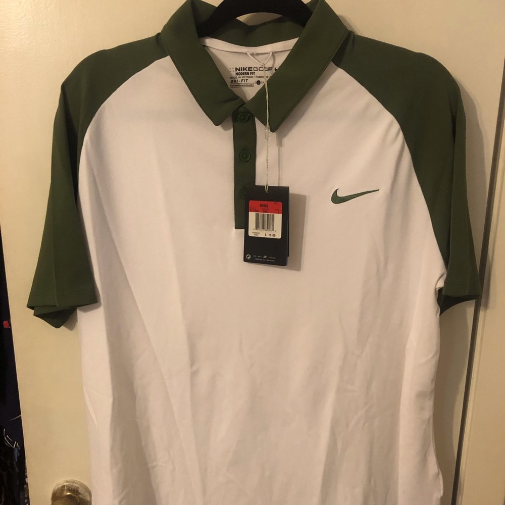 Men’s Nike Golf Polo Shirt White & Green Dri-Fit Modern Fit Size Large NWT